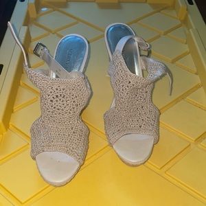 Beige crochet wedge sandals
